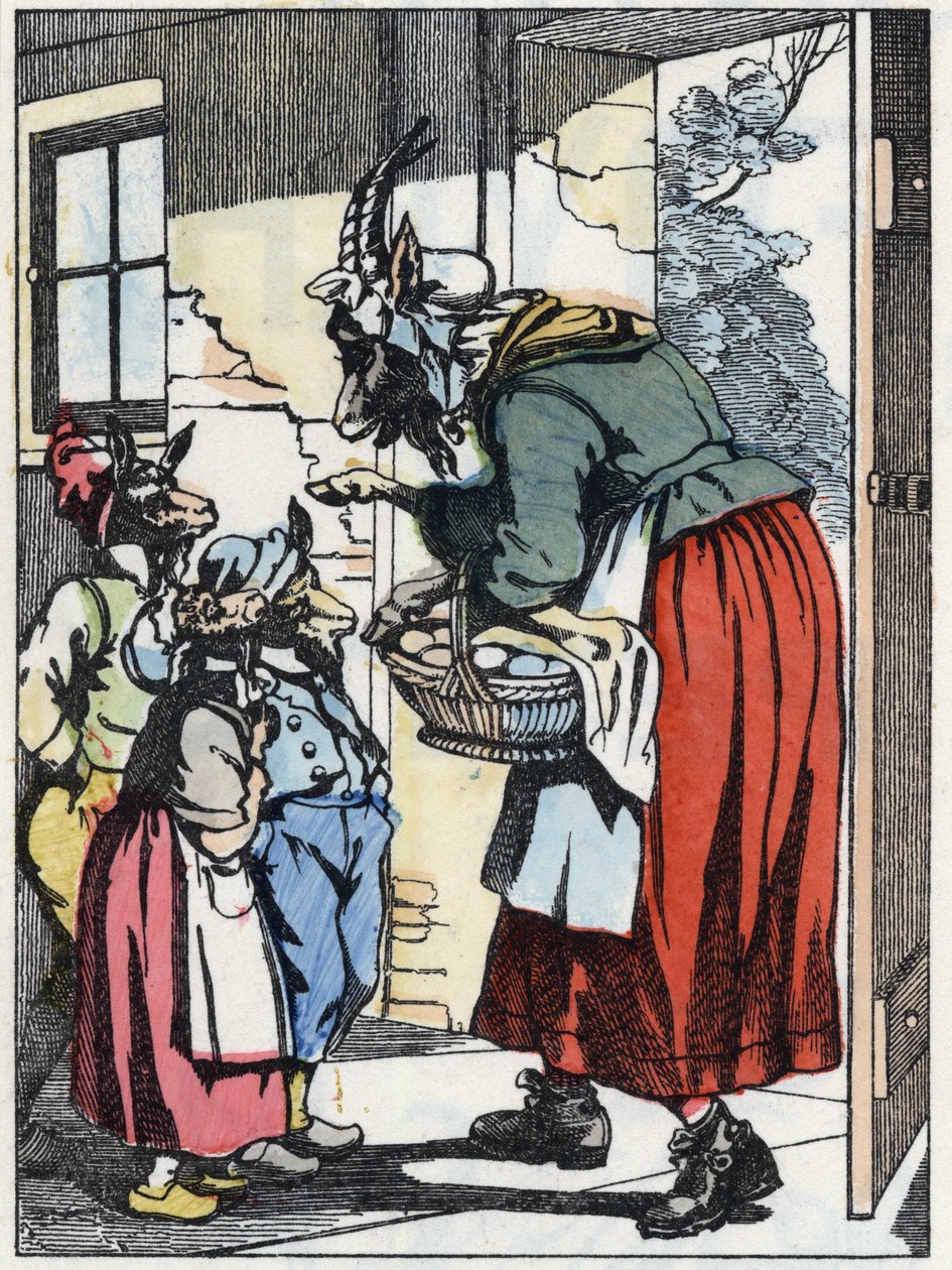 Koza matka wychodzi na spacer i ostrzega swoje bikiety. Ilustracja do baśni „Compere le Loup, Maitre Renard, Comere la Chevre et ses petits biquets”” według bajki Jeana de la Fontaine. W „Opowieściach z domu dla najmłodszych””. Anonimowy e autorstwa Unknown artist