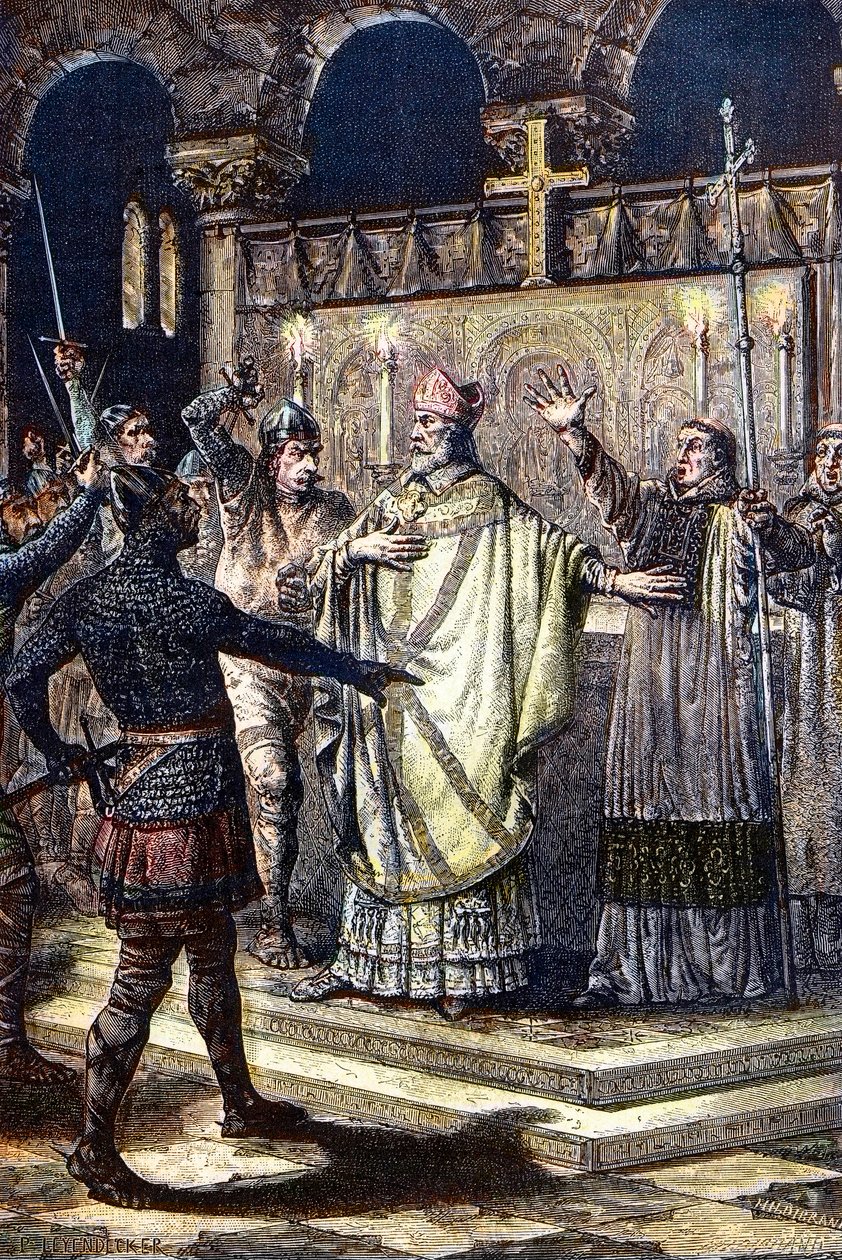 Morderstwo św. Tomasza Becketa w katedrze w Canterbury, 29 grudnia 1170, dokonane przez rycerzy z dworu króla Henryka II (drewno autorstwa Unknown artist