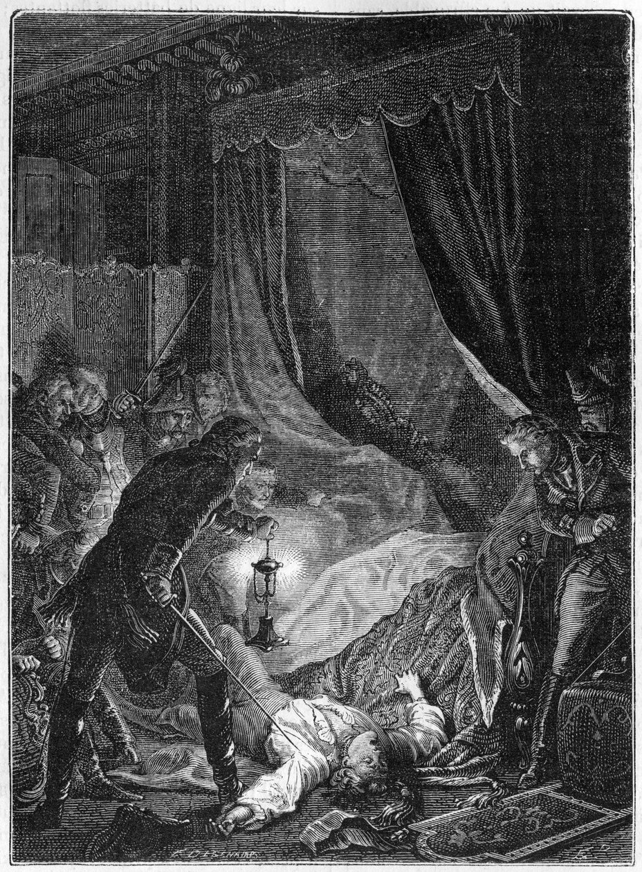Morderstwo rosyjskiego cara Pawła I, marzec 1801 - Ilustracja 1882-1884 - Zabójstwo Pawła I Pietrowicza (1754-1801), rosyjskiego cara, w jego pokoju w Pałacu Świętego Michała po tym, jak został zmuszony do podpisania swojej abdykacji - Ilustracja 1882- 188 autorstwa Unknown artist