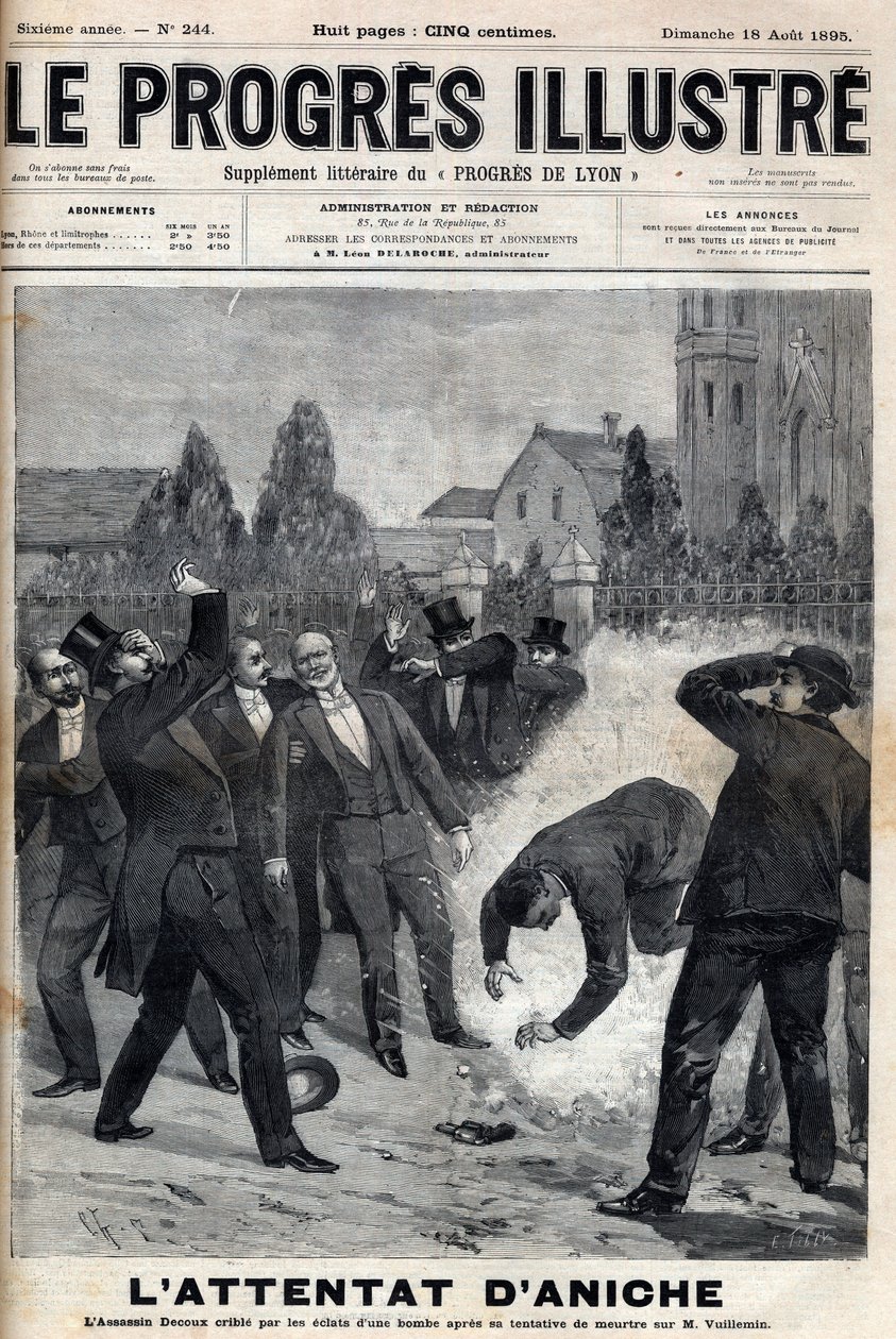 Morderca Clement Decoux pada ofiarą próby ataku na Emila Vuillemina (1822-?), dyrektora kopalni Aniche, świętującego 4 sierpnia 1895 roku swoje pięćdziesiąte urodziny na stanowisku kierownika wydobycia węgla - rycina w „Le Progres ilustrować autorstwa Unknown artist