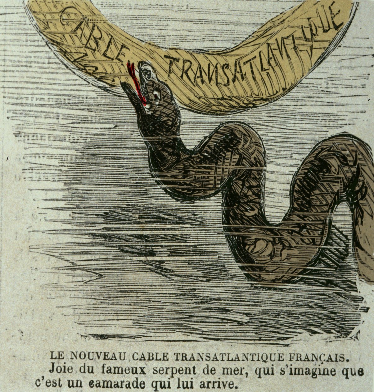 Nowy francuski kabel transatlantycki - Radość słynnego węża morskiego, który wyobraża sobie, że jest towarzyszem zbliżającym się do niego. Humorystyczny rysunek na gigantycznym wężu morskim i kablu transatlantyckim ułożonym w 1858 roku. Grawerunek z epoki. autorstwa Unknown artist