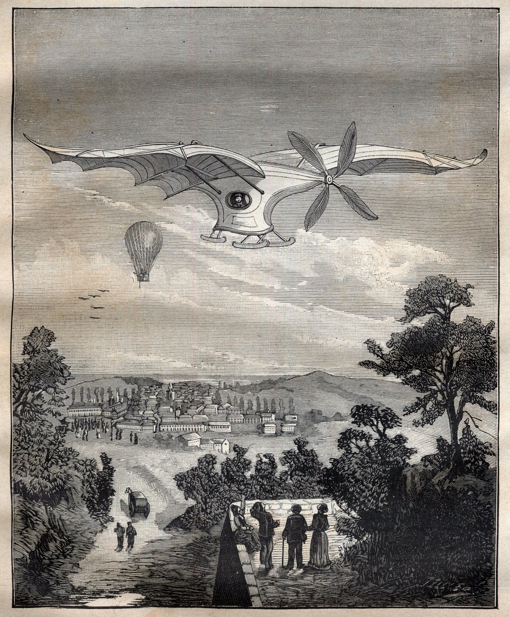Nowe aerostaty: ptak Klemensa Adera (1841-1925), Eole, podczas eksperymentu w parku Eugene Pereire pod Paryżem w 1891 roku unosiłby się 15 m nad ziemią - Grawerowanie w „La Science francaise” autorstwa Unknown artist