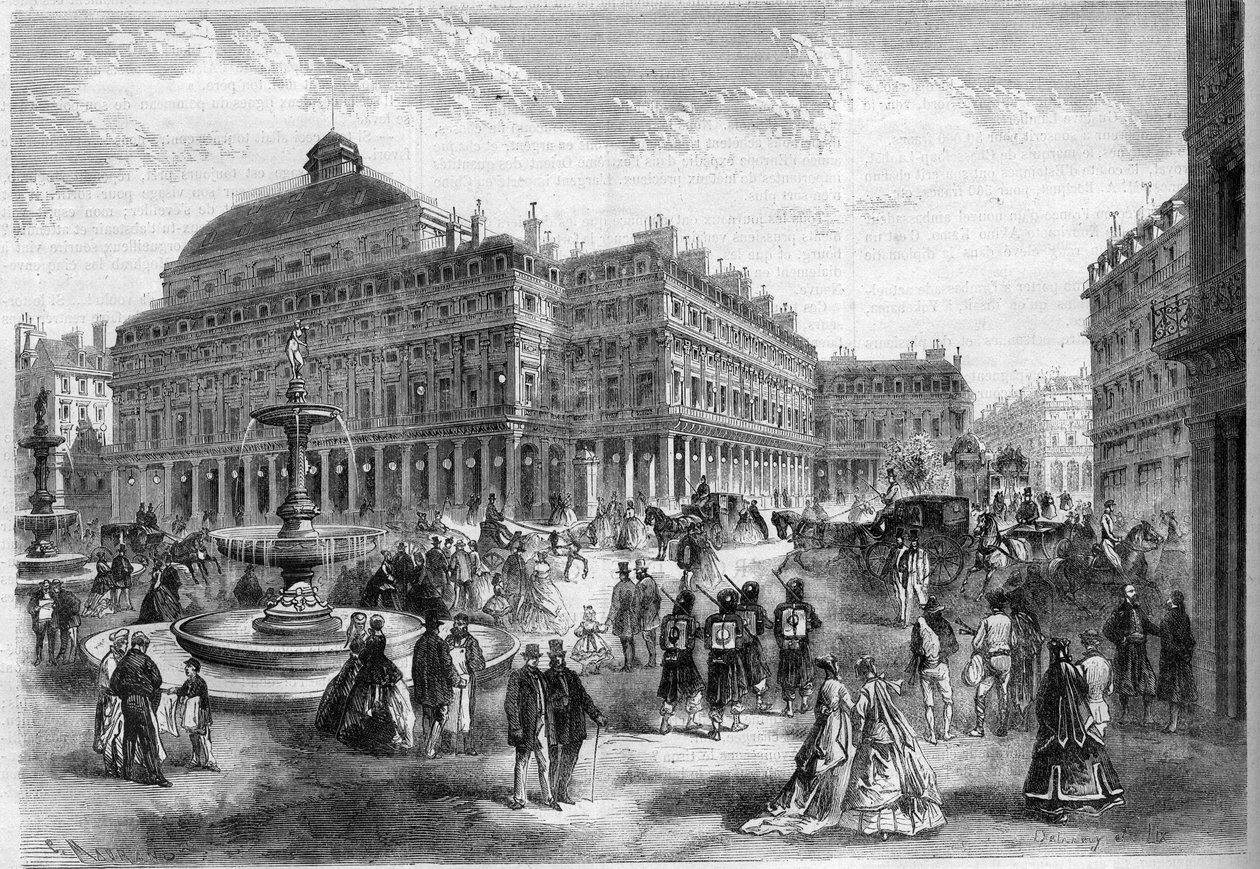 Nowe miejsce teatru francuskiego (Comedie Francaise) z fontannami projektowanymi w Palais Royal (Palais Royal) w Paryżu. Grawerowanie w „”L