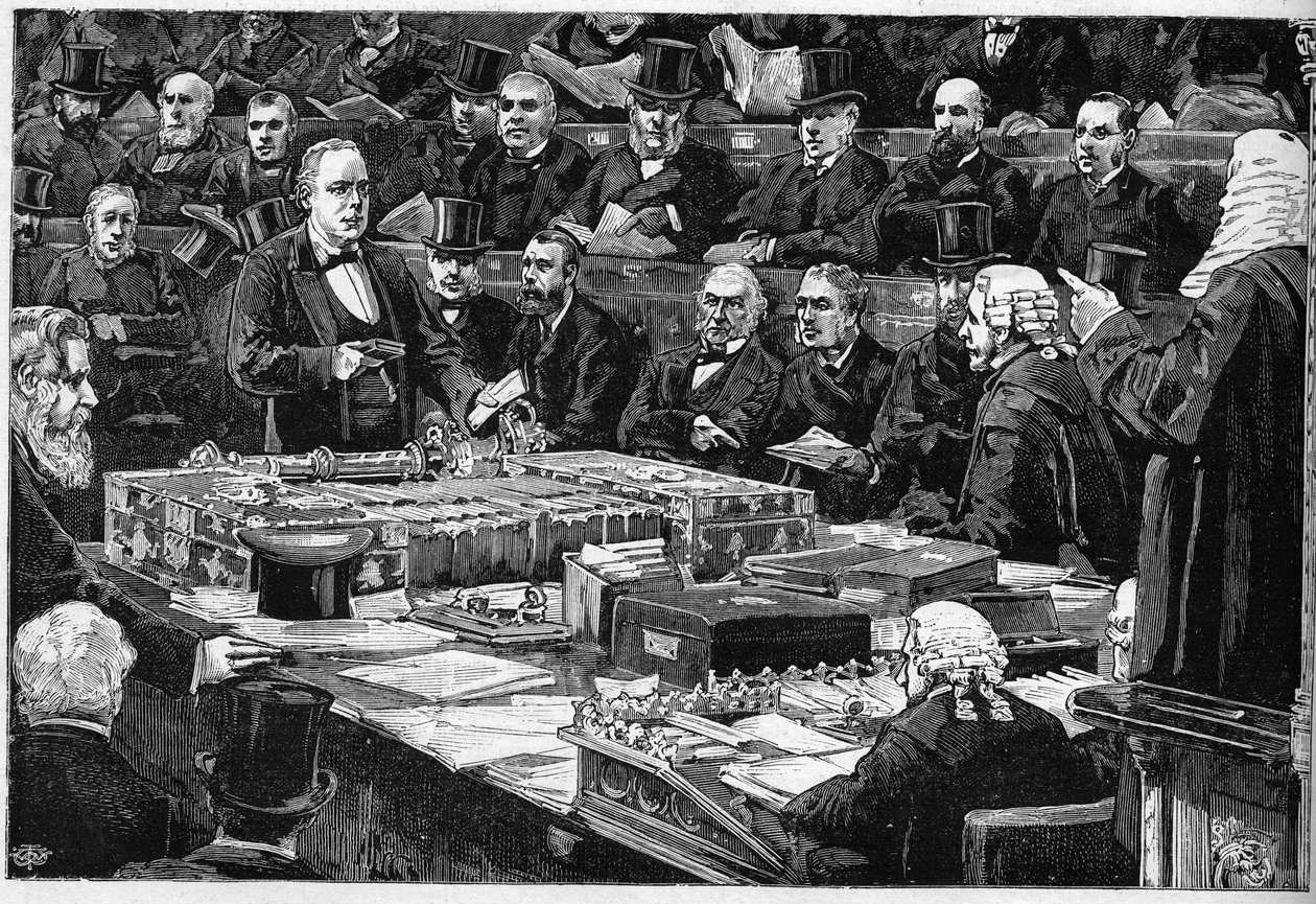 Przysięga angielskiego deputowanego Charlesa Bradlaugha (1833-1891) do Izby Gmin w dniu 21 lutego 1882 r., bojownika ateizmu, odmówiła złożenia tradycyjnej religijnej przysięgi niezbędnej do zajęcia miejsca w parlamencie. Reprezentuje tu Biblię w h autorstwa Unknown artist