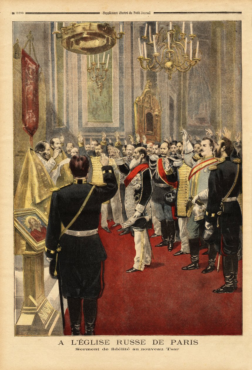 Przysięga wierności nowemu carowi Mikołajowi II (1868-1918), w katedrze św. Aleksandra Newskiego, rue Daru, Paryż. Grawerowanie w „”Le petit journal”” 18.11.1894. Kolekcja Selvy. autorstwa Unknown artist