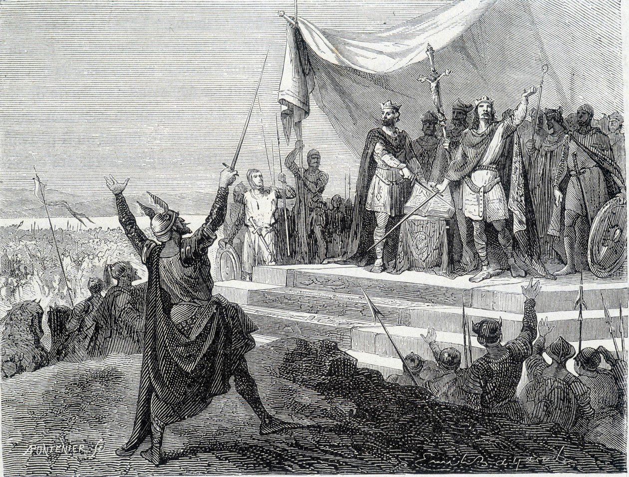 Przysięga dwóch braci przed zbroją: Karola II Łysego i Ludwika II Germańskiego składa przysięgę przeciw Lotarowi I (Przysięgi Strasburga 842). Rycina XIX wieku. autorstwa Unknown artist