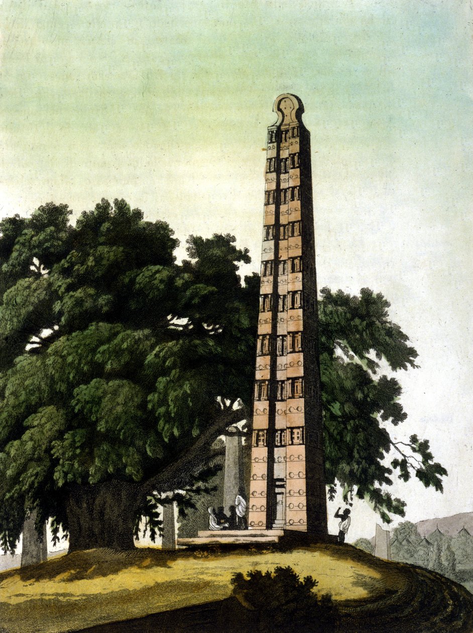 Obelisk Aksum (Aksoum) sprowadzony do Rzymu przez Włochów w 1937 r. Il Costume antico e moderno, Jules Ferrario, Mediolan 1820. autorstwa Unknown artist