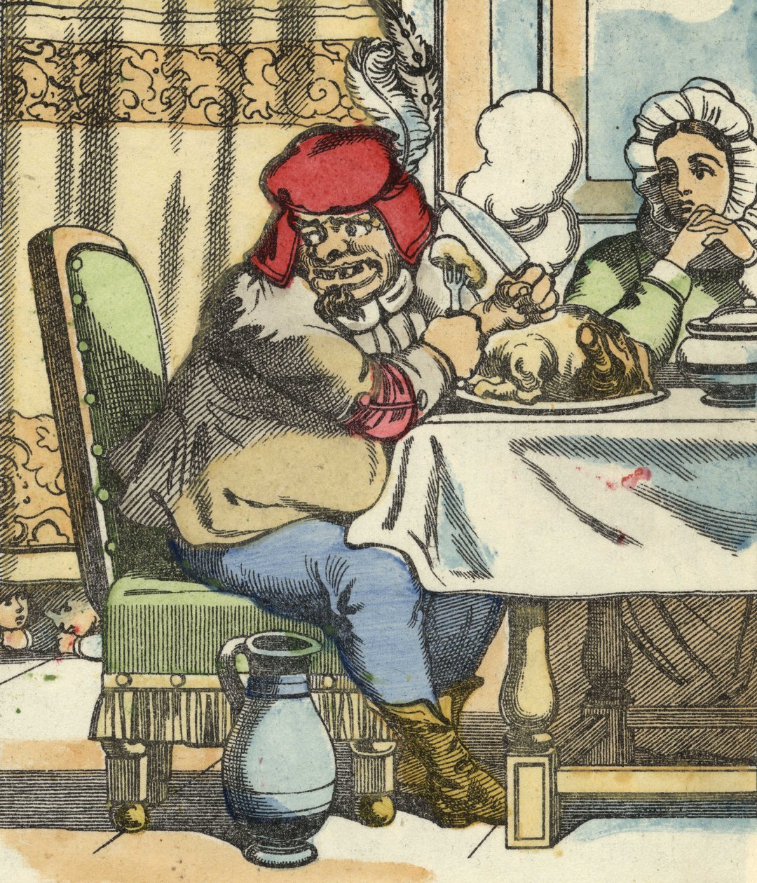 Ogr przy stole wyczuwa obecność małego Pouceta i jego braci. Ilustracja do bajki „Le Pepetit Poucet” autorstwa Charlesa Perraulta autorstwa Unknown artist