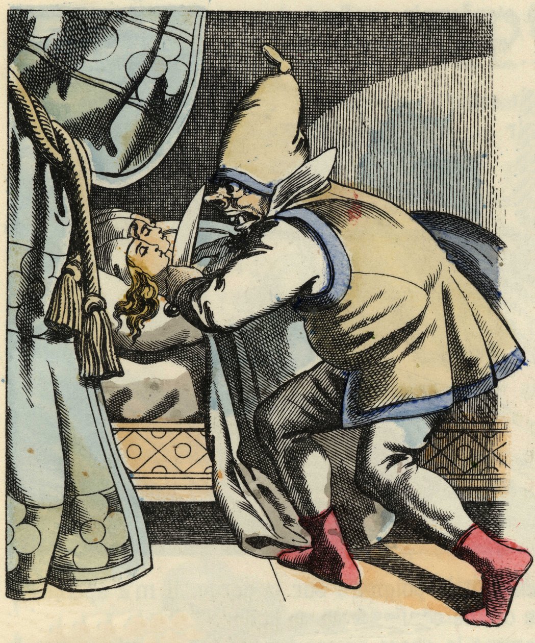 Ogr odcina głowę swoim siedmiu córkom, myśląc o zabiciu Małego Pouleta i jego braci. Ilustracja do bajki „Le Petite Poucet” autorstwa Charlesa Perraulta autorstwa Unknown artist
