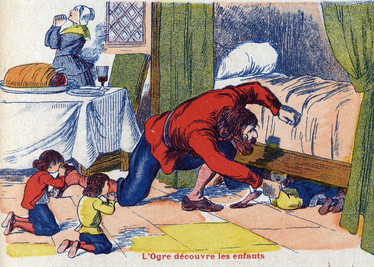 Ogr odkrywa dzieci. Ilustracja do „”Le Pepetit poucet””, opowiadania Charlesa Perraulta (1628-1703), francuskiego pisarza. Anonimowa ilustracja. Zdjęcia Marcel Vagne, Jarville Nancy, bez daty (koniec XIX wieku). autorstwa Unknown artist