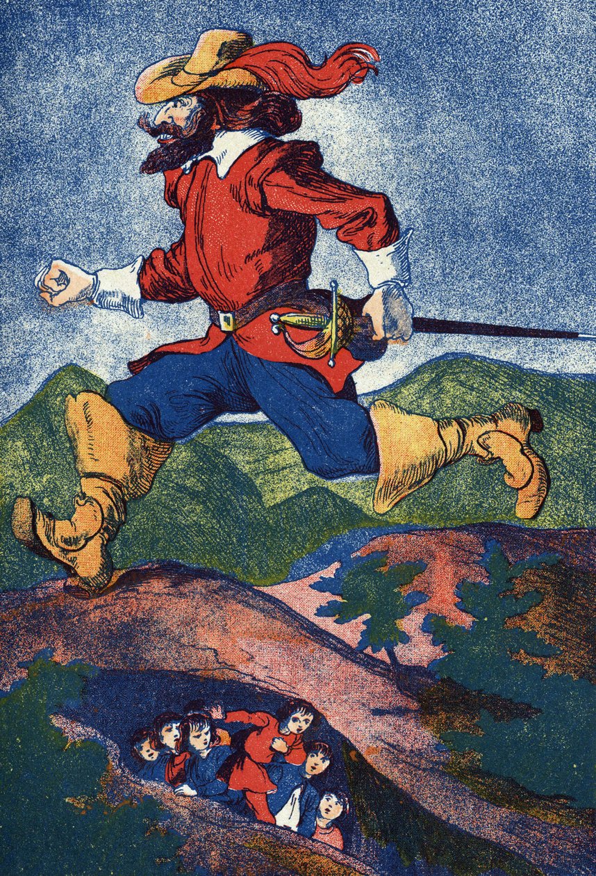 Wilkołak szuka dzieci. Ilustracja do „”Le Pepetit poucet””, opowiadania Charlesa Perraulta (1628-1703), francuskiego pisarza. Ilustracja anonimowa. Zdjęcia Marcel Vagne, Jarville Nancy, bez daty (koniec XIX wieku). autorstwa Unknown artist