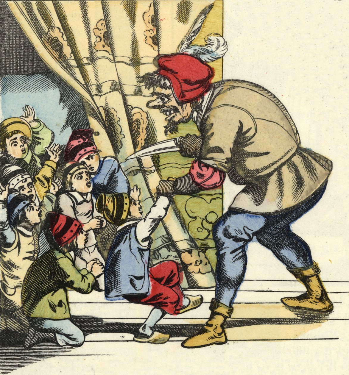 Wilkołak zabiera dziecko z zamiarem pożerania go. Ilustracja do bajki „Le Pepetit Poucet” autorstwa Charlesa Perraulta autorstwa Unknown artist