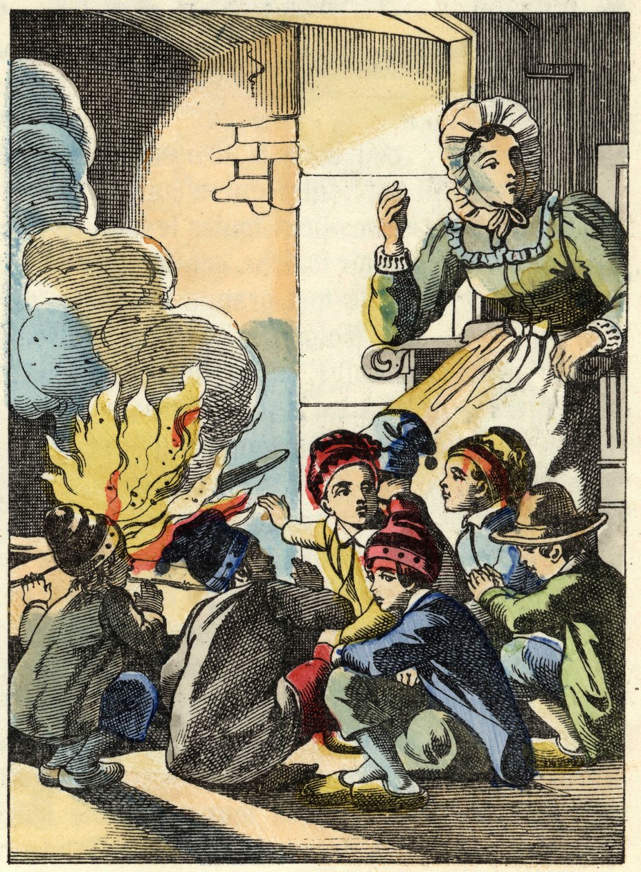 Żona ogra rozpala Małego Pouceta i jego braci ogniem. Ilustracja do bajki „Le Pepetit Poucet” autorstwa Charlesa Perraulta autorstwa Unknown artist