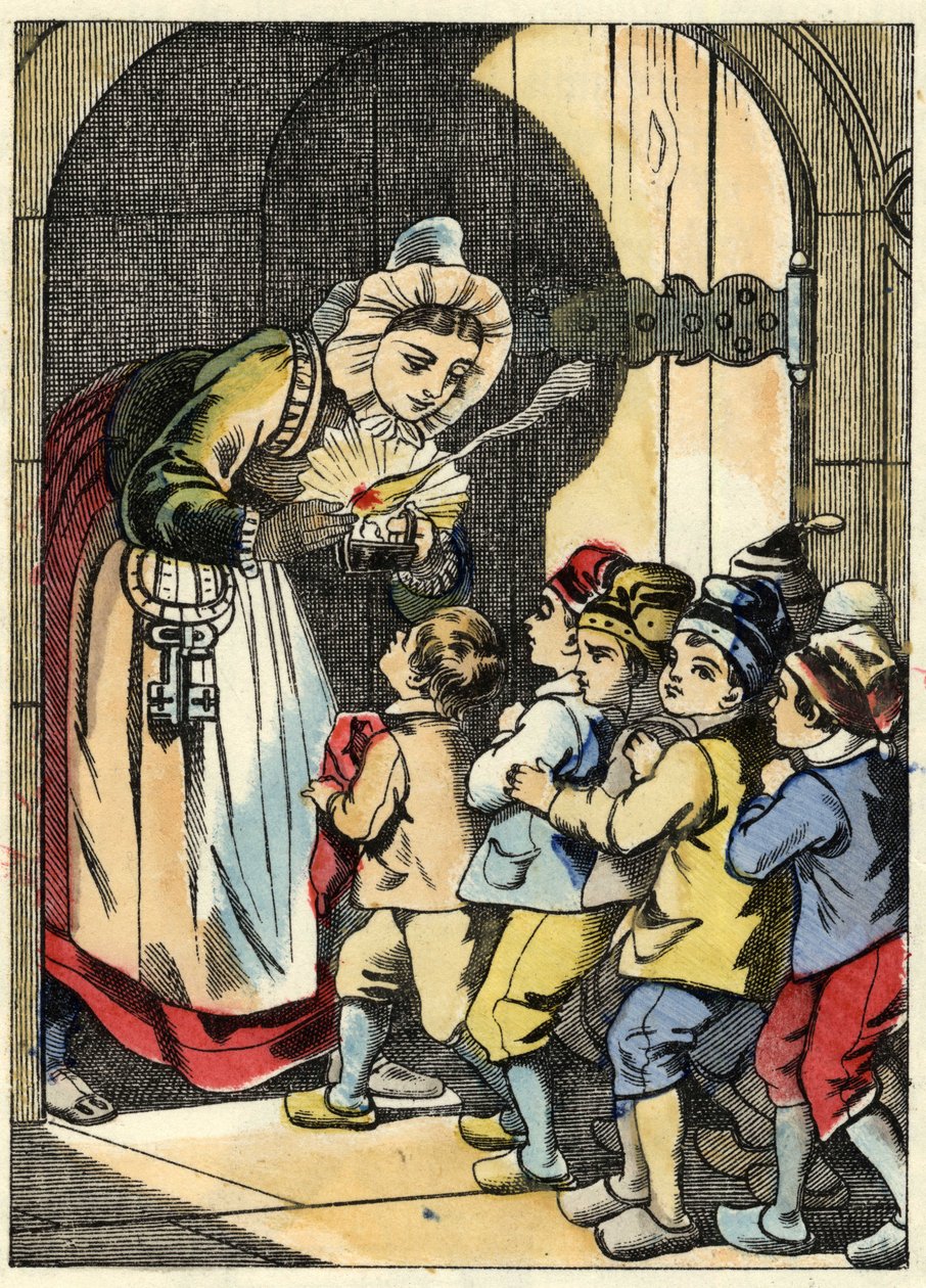 Żona ogra otwiera drzwi Małemu Poucetowi i jego braciom. Ilustracja do bajki „Le Pepetit Poucet” autorstwa Charlesa Perraulta autorstwa Unknown artist