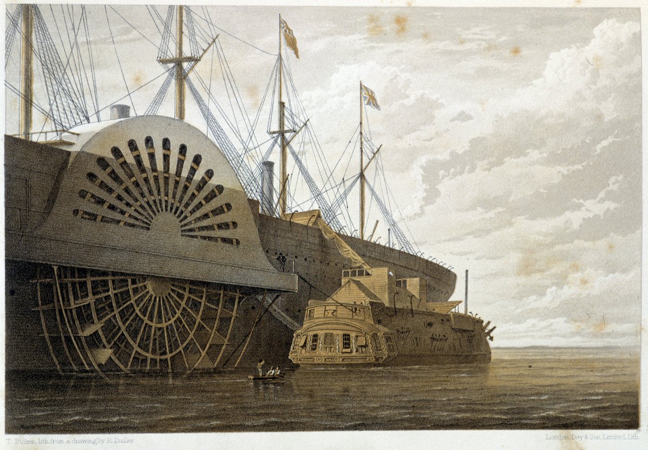 Stara fregata z ładunkiem kabla wzdłuż „Wielkiego Wschodu” w Sheerness – w „Telegrafie atlantyckim” W.H. Russela, ca. 1860 autorstwa Unknown artist