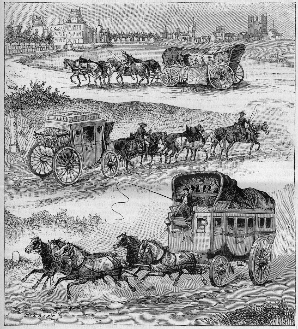 Stary wagon turystyczny, autokar z XVII wieku, autokar z XVIII wieku i pracowitość przed kolejami. Grawer „La natura” z 1888 roku. autorstwa Unknown artist