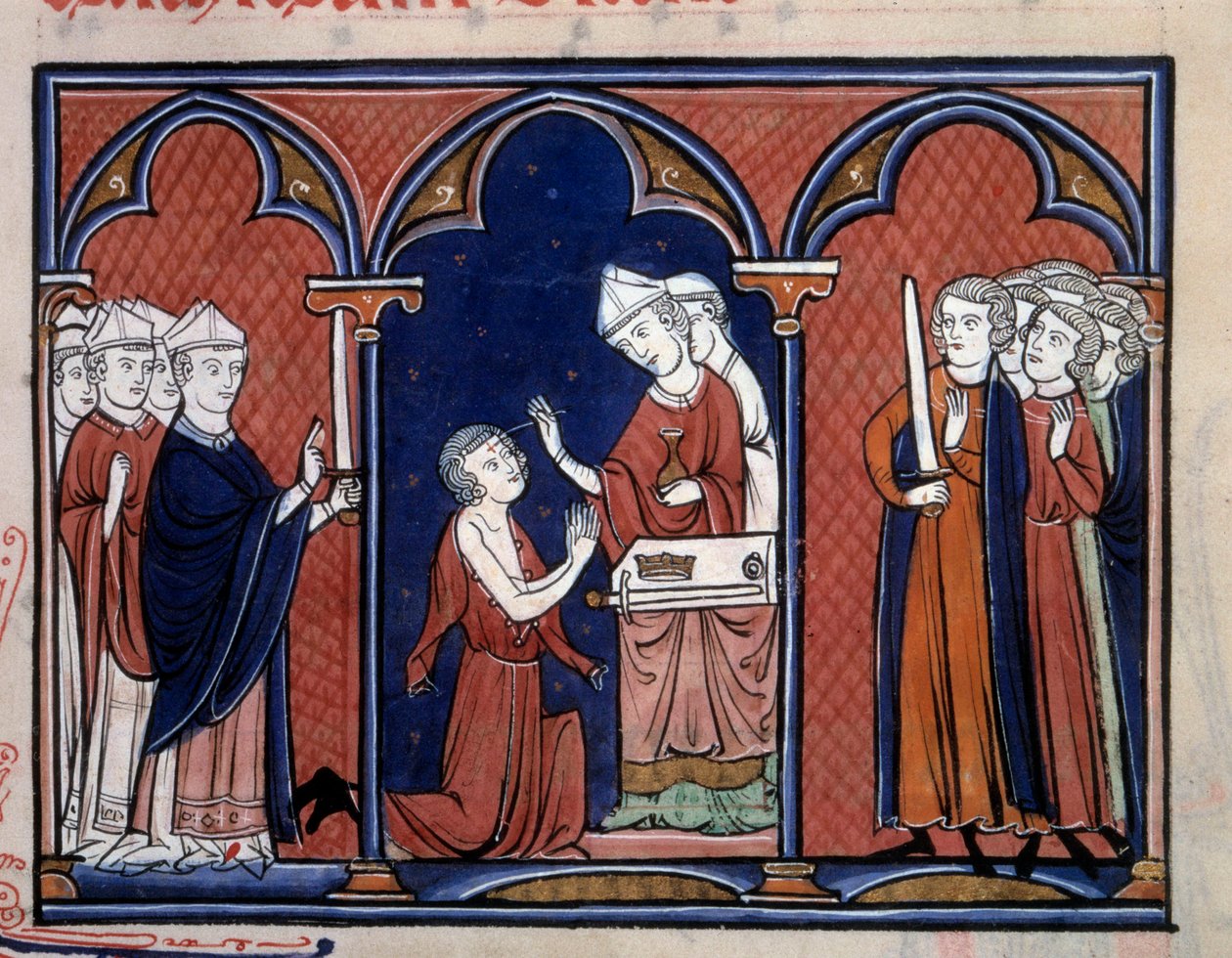 Ordo świętego Reprezentacji rytuału namaszczenia króla (prawdopodobnie Ludwika IX (Saint Louis) (1214-1270)). Miniatura zaczerpnięta z „Zakonu Konsekracji i Koronacji Królów Francji”” 1250 okolice Paryża, B.N. autorstwa Unknown artist