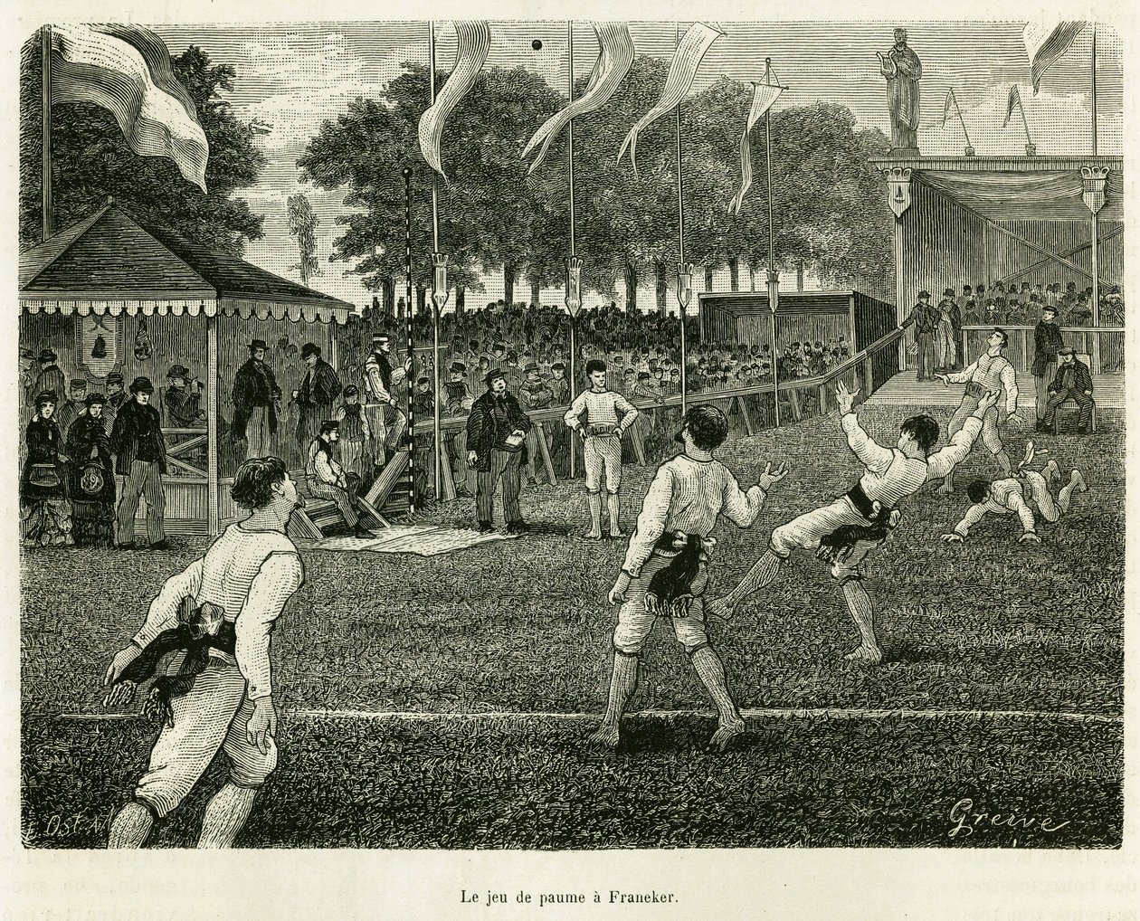 Gra w palmy ma Franekera (Holandia). Grawer ilustrujący historię La Frise, na podstawie relacji holenderskiej gazety, in le tour du monde 1886, w reżyserii Edouarda Chartona (1807-1890), Hachette, Paryż. autorstwa Unknown artist
