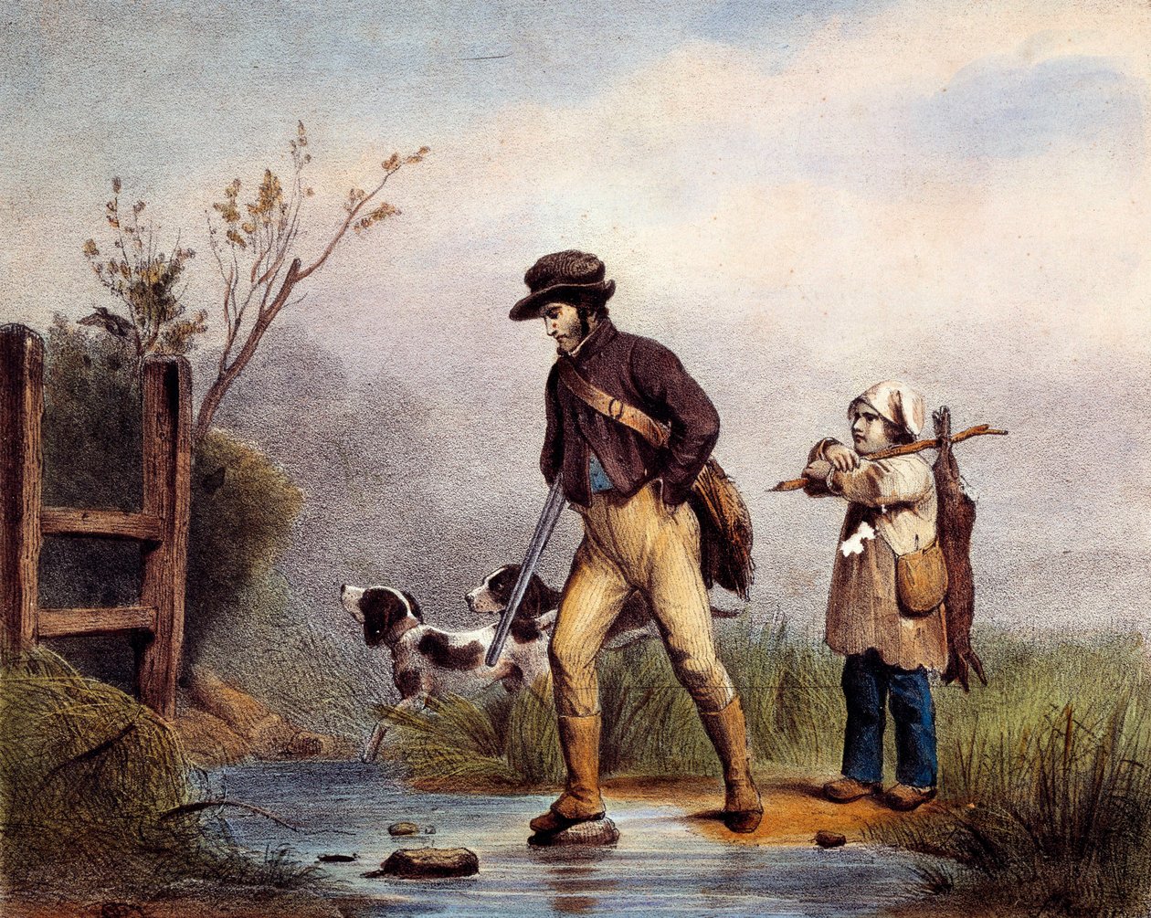 W przejściu myśliwi przechodzą pieszo przez ciek wodny. Litografia Gien z XIX wieku, muzeum łowieckie autorstwa Unknown artist