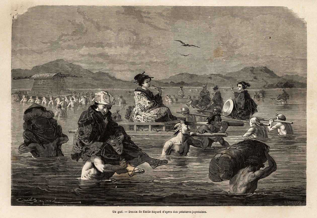 Przejazd z przewodnikiem, z przedstawieniem sposobów przewożenia pasażerów i bagażu. Grawer ilustrujący wyprawę do Japonii w latach 1863-1864 Aime Humberta, ministra Konfederacji Szwajcarskiej, w „Le tour du monde, nouveau journal des voyages”” autorstwa Unknown artist