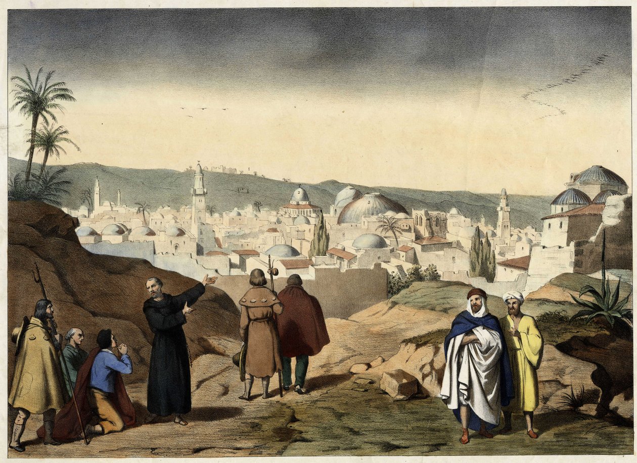 Peleryny przybywają do Jerozolimy. Anonimowy rycina z połowy XIX wieku - w „Wielkim Katechizmie Rodzin”. autorstwa Unknown artist