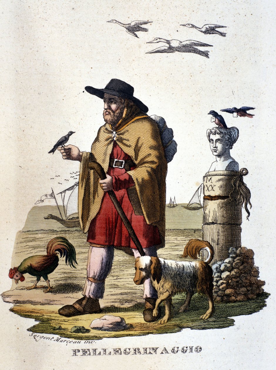 Pielgrzymka: pielgrzym w drodze do Santiago de Compostela. autorstwa Unknown artist