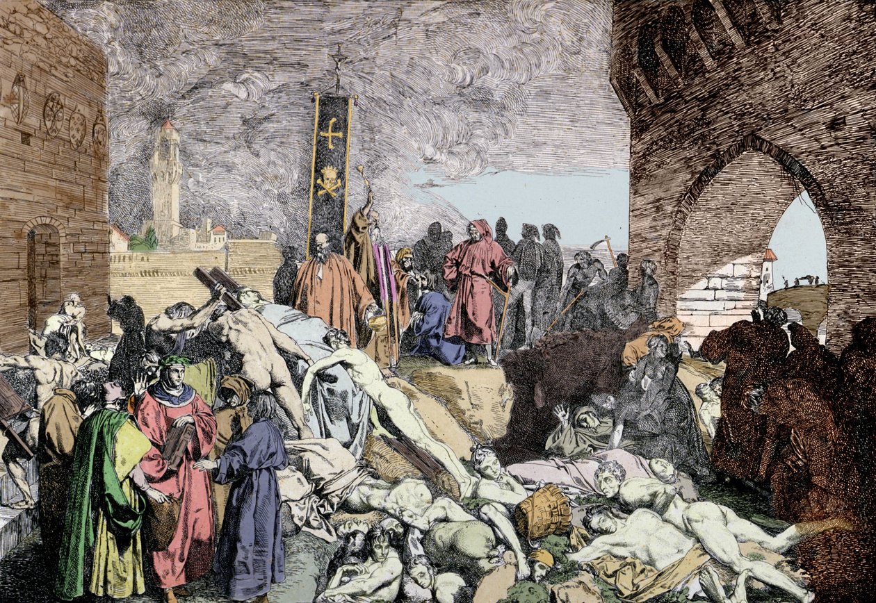 Plaga 1348 we Florencji (Włochy). U dołu po lewej, z wieńcem Lauriera, Petrarki, włoskiego poety i humanisty renesansu, rozmawia z innymi ludźmi. autorstwa Unknown artist