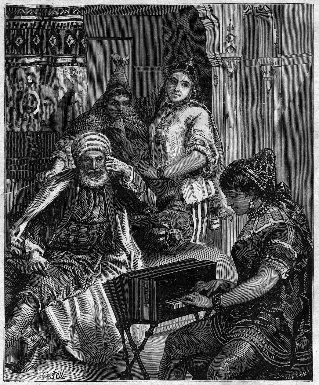 Ludność Tunezji w XIX wieku - sobotni wieczór u rodziny żydowskiej w Tunisie - rycina Castelli w „” Journal des voyages””” 1884 autorstwa Unknown artist