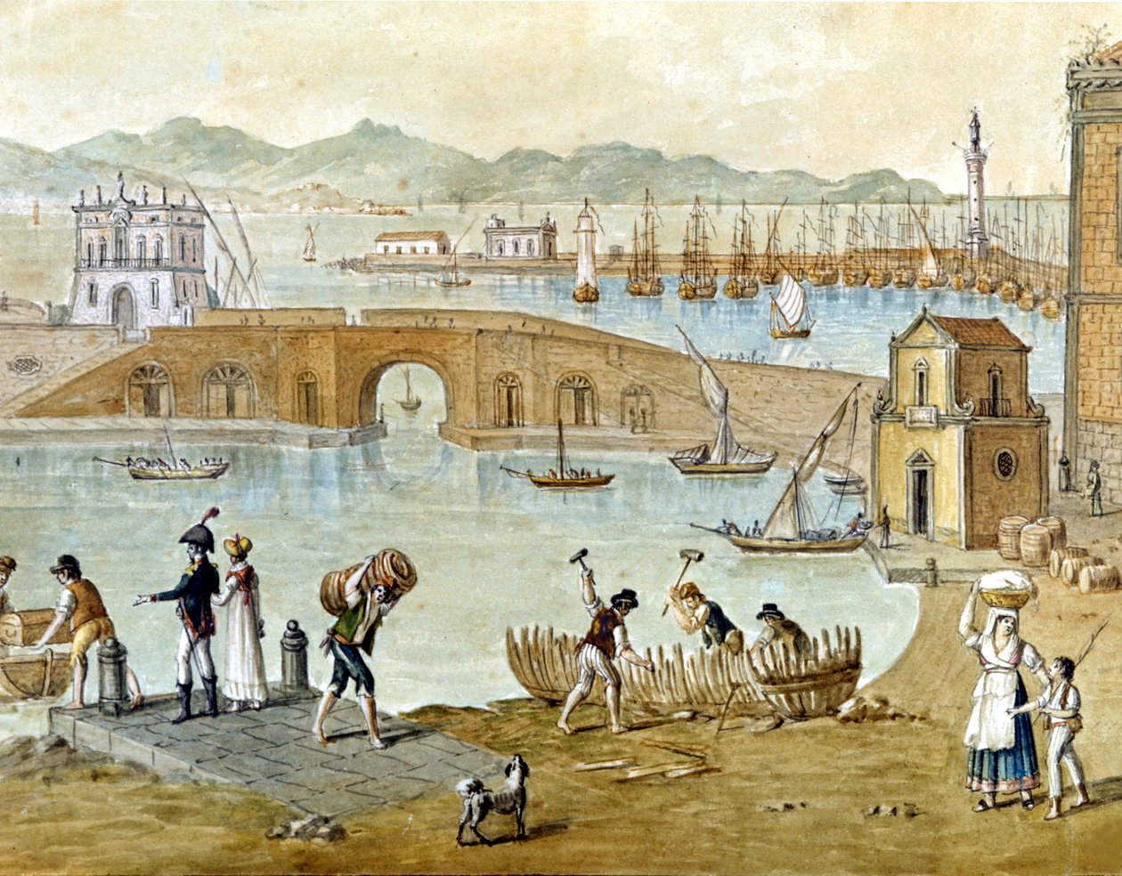 Port w Neapolu i Santa Lucia około 1800 r.: podróżnicy przygotowują się do wyjazdu, a stolarze budują łódź. Akwarela. autorstwa Unknown artist