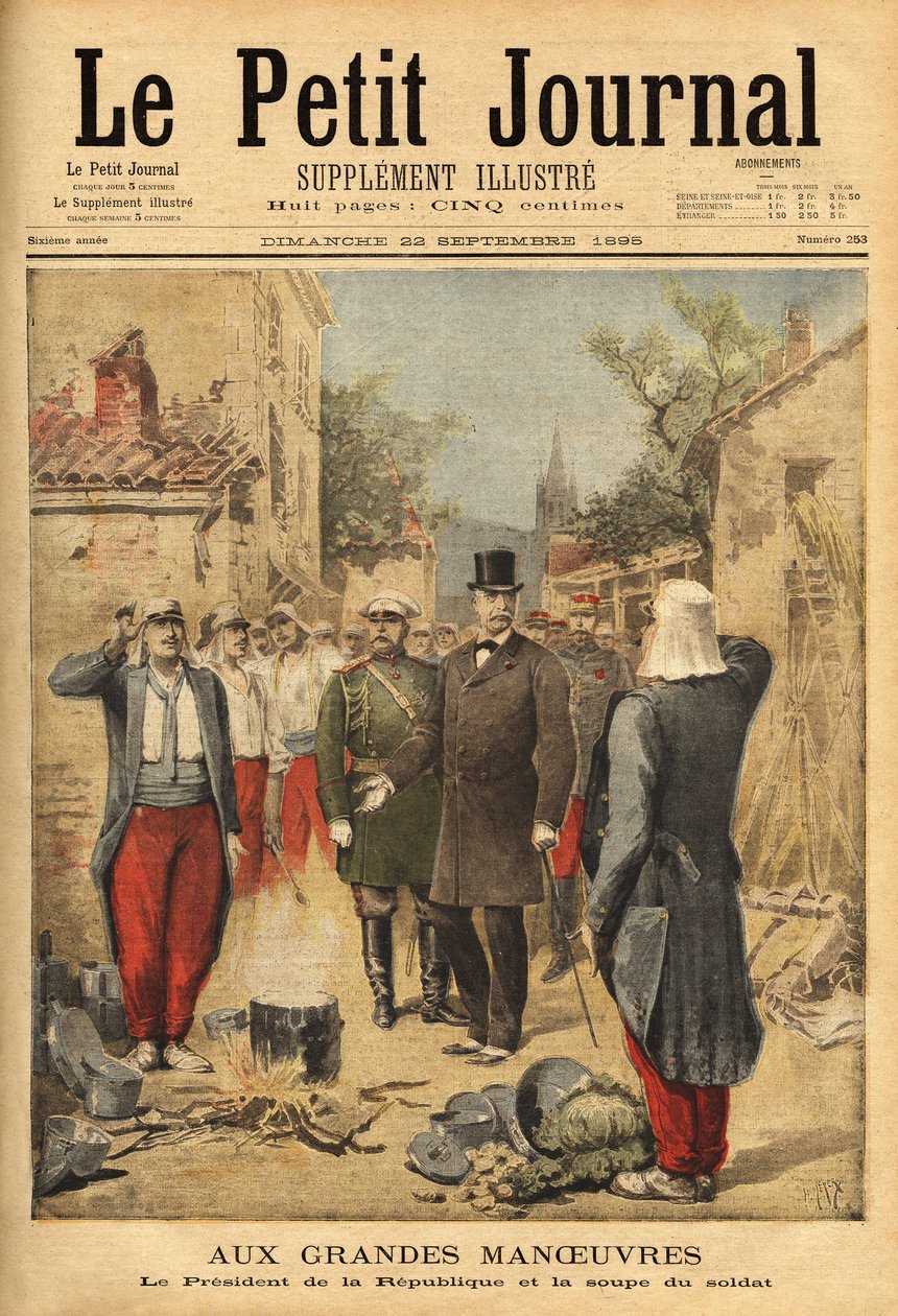 Prezydent republiki Felix Faure (1841-1899) odwiedza wojska w Langres podczas wielkich manewrów i tradycji dla wszystkich odwiedzających, degustuje żołnierską zupę. Grawerowanie w „Le petit journal”” 22.09.1895. Kolekcja Selvy. autorstwa Unknown artist