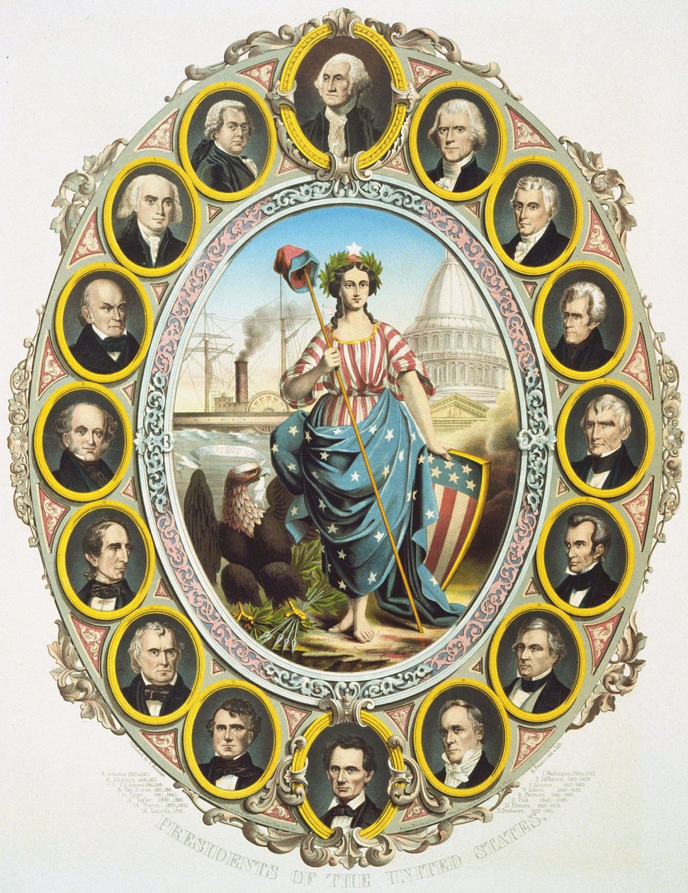 Prezydenci Stanów Zjednoczonych z symbolem Ameryki pośrodku. W górę, w Waszyngtonie iw dół Abraham Lincoln. Plakat opublikowany podczas inauguracji prezydentury Lincolna w 1861. Grawerowanie 1861. autorstwa Unknown artist