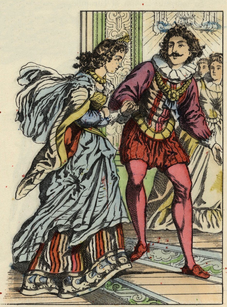 Książę zaprasza Kopciuszka do tańca. Ilustracja do bajki Charlesa Perraulta „Kopciuszek lub La petite slipper de verre” autorstwa Unknown artist
