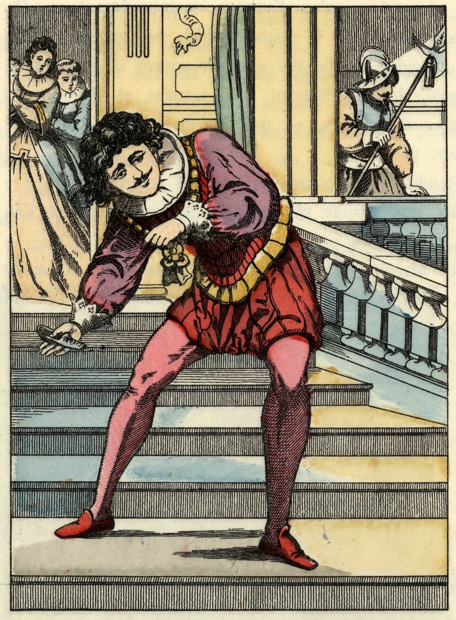 Książę podnosi szklany but przy Kopciuszku. Ilustracja do bajki Charlesa Perraulta „Kopciuszek lub La petite slipper de verre” autorstwa Unknown artist