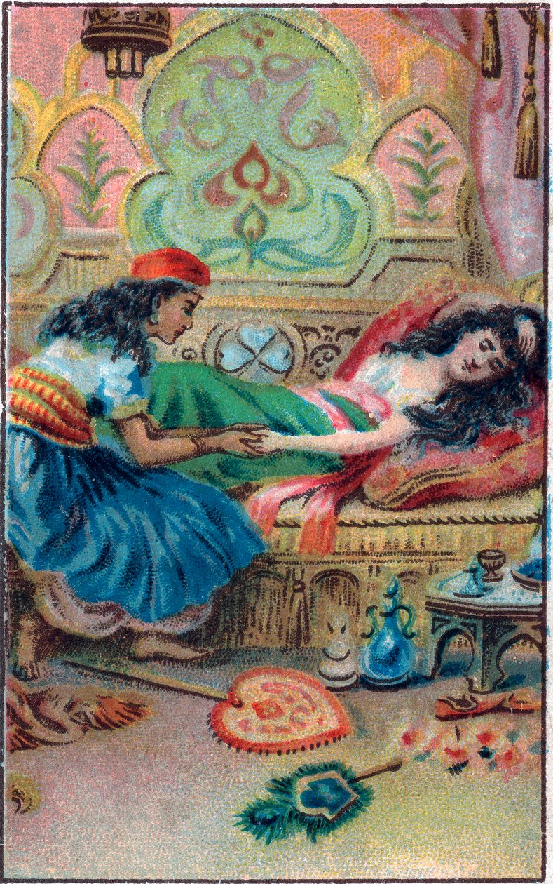 Fakty o księżniczce. Opowieść „”Historia o zaczarowanym koniu”” w „Tysiąc i jednej nocy” (1001 nocy lub Le mille e una notte, Arabian Nights). Chromolitografia z końca XIX wieku. autorstwa Unknown artist