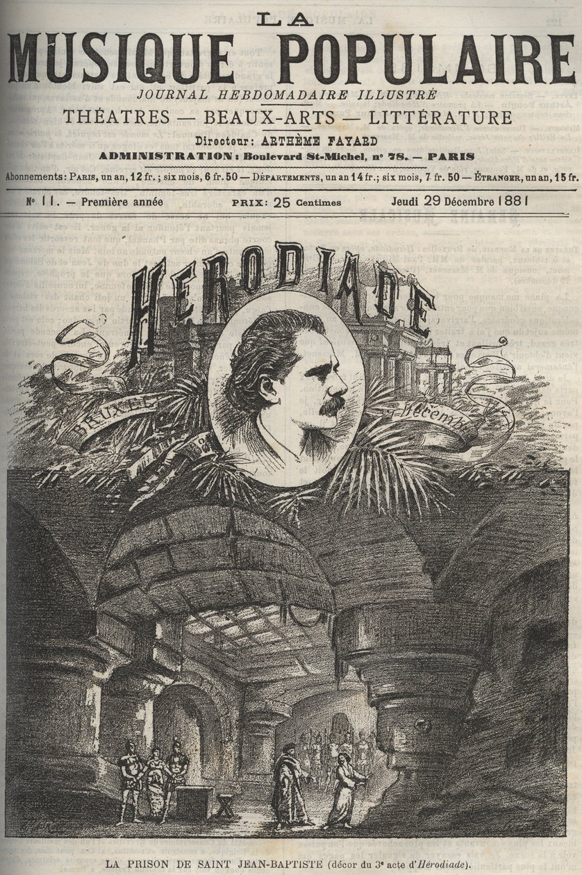 Więzienie św. Jana Chrzciciela - wystrój III aktu Herodiady, opera w czterech aktach i siedmiu obrazach Julesa Masseneta, na libretto Paula Millieta i Henri Gremonta - rycina w ilustrowanym tygodniku "La musique populaire" - 1882 autorstwa Unknown artist