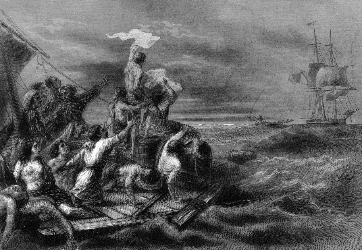 Tratwa Meduzy widząc Argus na morzu. w „Histoire générale de la marine” Van Tenac autorstwa Unknown artist