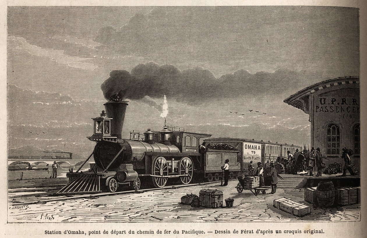 Kolej ma stację Omaha (Nebraska), początek linii prowadzących na Pacyfik. Rycina dla ilustracji podróży na daleki zachód Ameryki, autorstwa M. L. Simonina, w 1867 r., opublikowana w „Le tour du monde, nouveau journal des voyages””, pod redakcją autorstwa Unknown artist