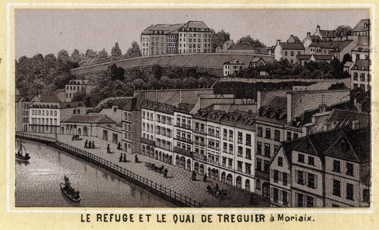 Schronisko i nabrzeże Treguier w Morlaix (Finistere, region Bretania). Chromolitografia z końca XIX wieku. autorstwa Unknown artist