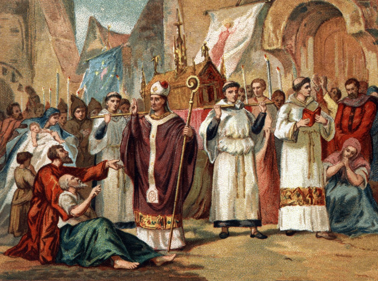 Relikwie św. Genowefy (422-502), patronki Paryża, przewożone są ulicami Paryża. Chromolitografia około 1890 r. autorstwa Unknown artist