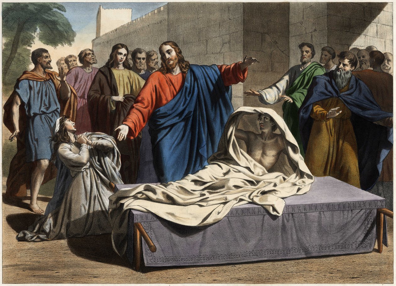 Zmartwychwstanie syna wdowy z Nain: Jezus Chrystus wskrzesza jedynego syna wdowy. Rycina z połowy XIX wieku. autorstwa Unknown artist
