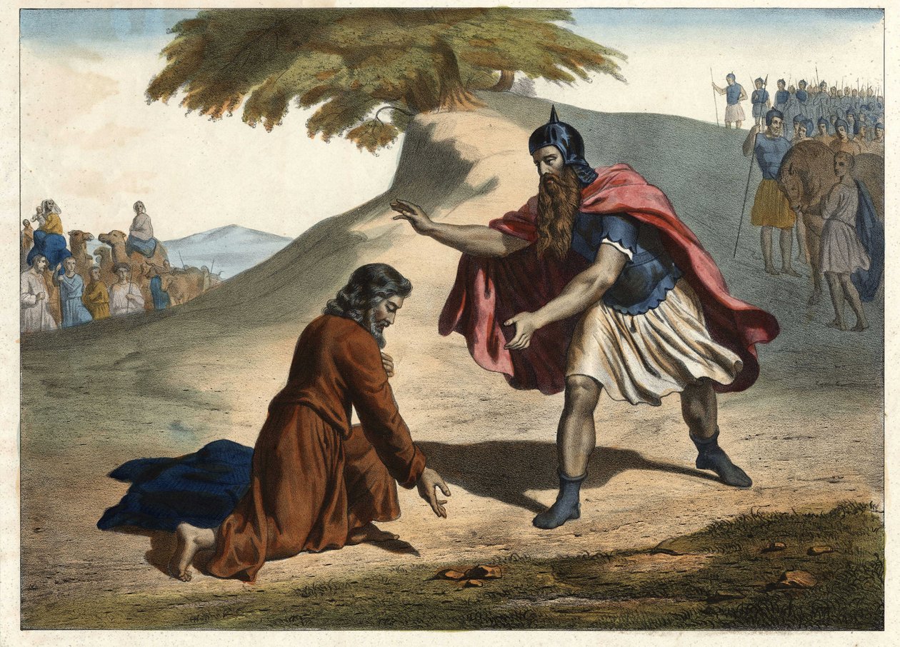 Powrót Jakuba i jego spotkanie z Ezawem - Jakub wraca do Ziemi Kanaan z żonami i dziećmi: spotyka swojego brata Ezawa. Rycina z połowy XIX wieku. autorstwa Unknown artist