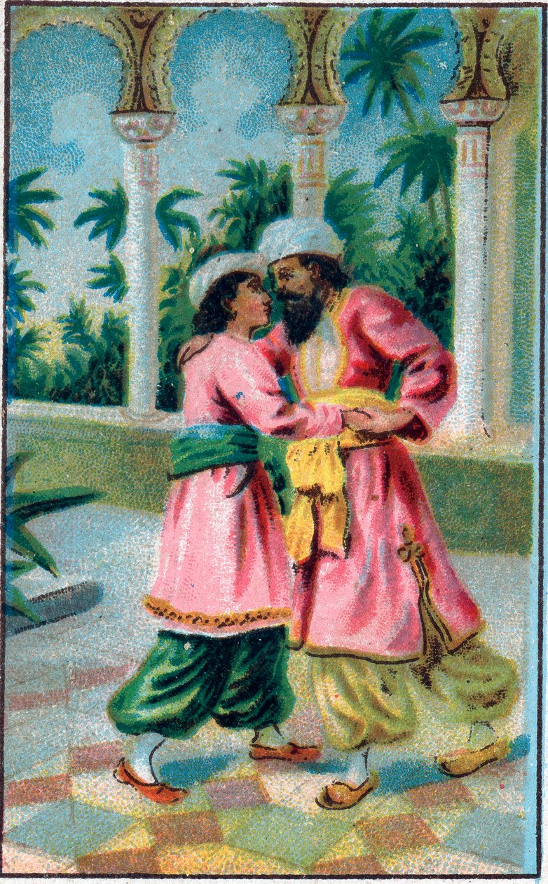 Powrót księcia. Opowieść „”Historia o zaczarowanym koniu””” w „”Tysiąc i jedna noc””” (1001 nocy lub Le mille e una notte, Arabian Nights). Chromolitografia z końca XIX wieku. autorstwa Unknown artist