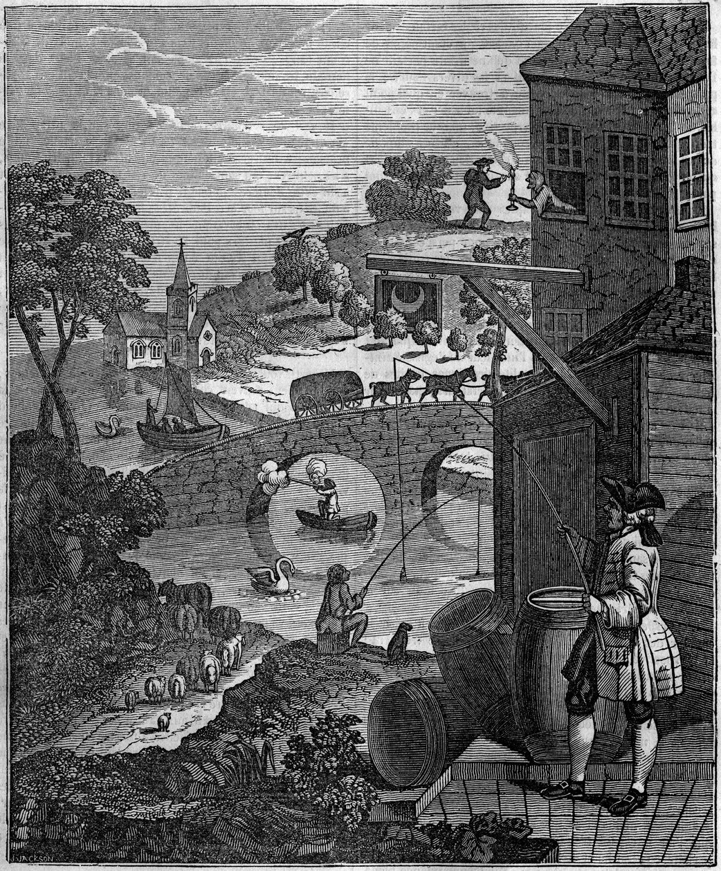 Śmieszna perspektywa Ilustracja satyryczna Williama Hogartha (1697-1764) kpi ze sztuki perspektywy malarzy, proponując płaskie poziomy przedmiotów i osób niemożliwe w rzeczywistości ze względu na odległości. autorstwa Unknown artist