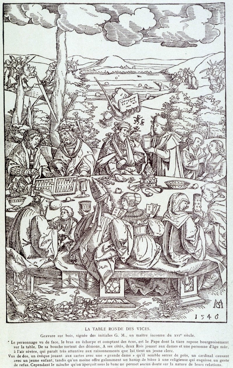 Okrągły stół przywar: zabawy, chciwości, żądzy, dumy... - Grawerowanie 1546 autorstwa Unknown artist