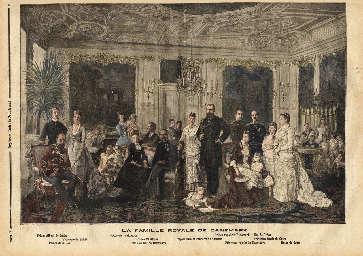 Królewska rodzina Danii, siedząca w centrum, królowa Luiza Hesji-Kassel (1817-1898) i król Danii Christian IX (1818-1906) nazywani „przystojnym ojcem Europy”, ponieważ ożenił kilkoro swoich dzieci z dziedzicami wielkiego królewskiego f autorstwa Unknown artist