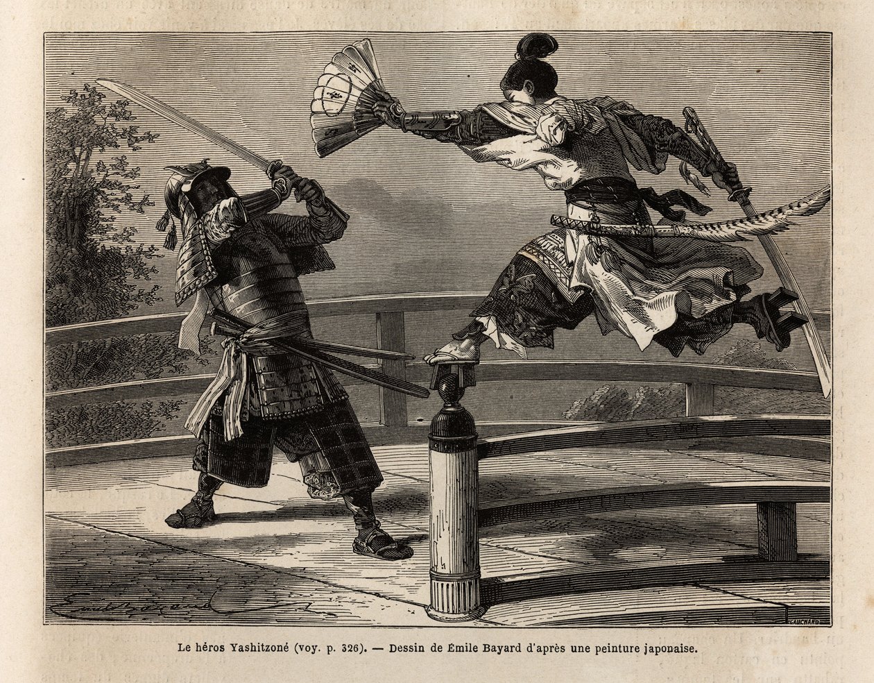 Samuraj Yashitsune w równowadze na barierze mostu atakuje samuraja w zbroi. Rycina ilustrująca podróż do Japonii w latach 1863-1864, autorstwa Aime Humberta, ministra Konfederacji Szwajcarskiej, w „Le tour du monde, nouveau journal des voyages”” autorstwa Unknown artist