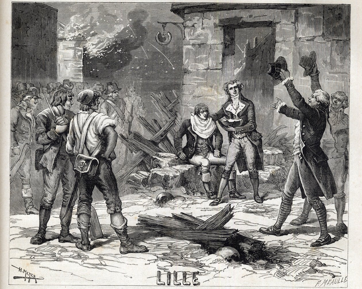 Naczynie do golenia z Lille. Odcinek z Oblężenia Lille w 1792 r. podczas francuskich wojen rewolucyjnych – Siege de Lille w 1792 r.: peruka Maes używająca roztrzaskanej bomby jako miski na brodę do ogolenia klienta – autorstwa Unknown artist