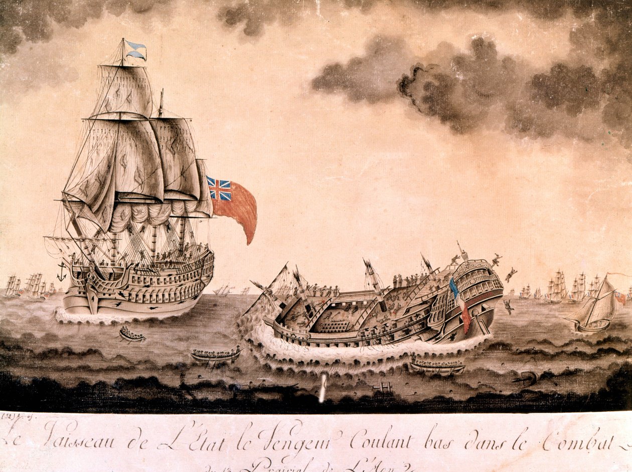 Wrak statku „mściciel” zatonął u wybrzeży Brześcia przez flotę angielską 1 czerwca 1794 roku. Rycina koniec XVIII wieku, początek XIX wieku. autorstwa Unknown artist