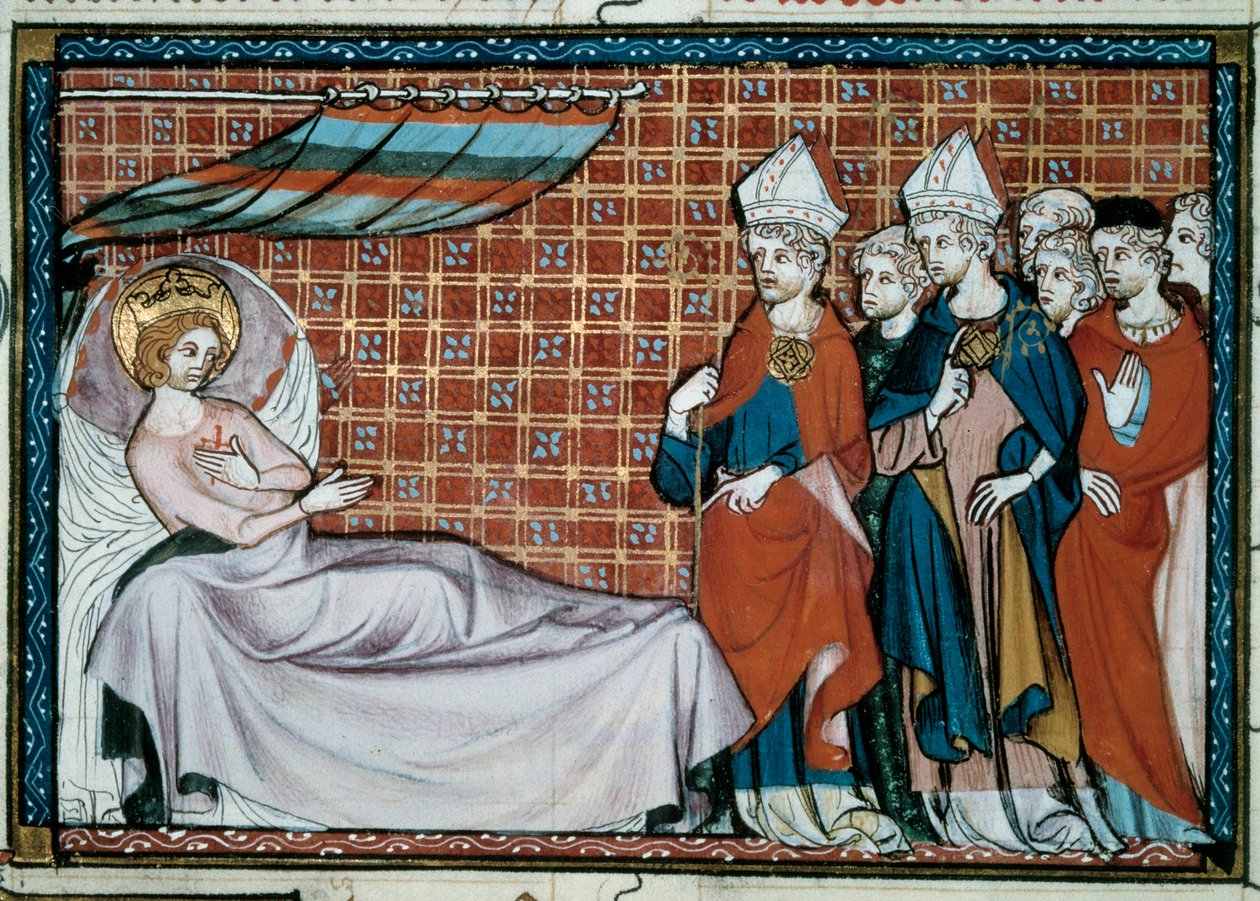 Chory król Francji Saint Louis (Ludwik IX) (1214-1270) zwraca się do swoich krewnych i duchowieństwa. Miniatura z rękopisu „Życie i cuda św. Ludwika” autorstwa Wilhelma św autorstwa Unknown artist