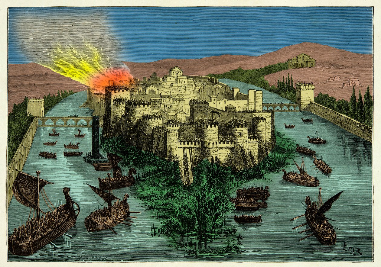 Oblężenie Paryża w 845 przez Wikingów z Ragnarem Lodbrokiem na czele, Rycina XIX w. autorstwa Unknown artist